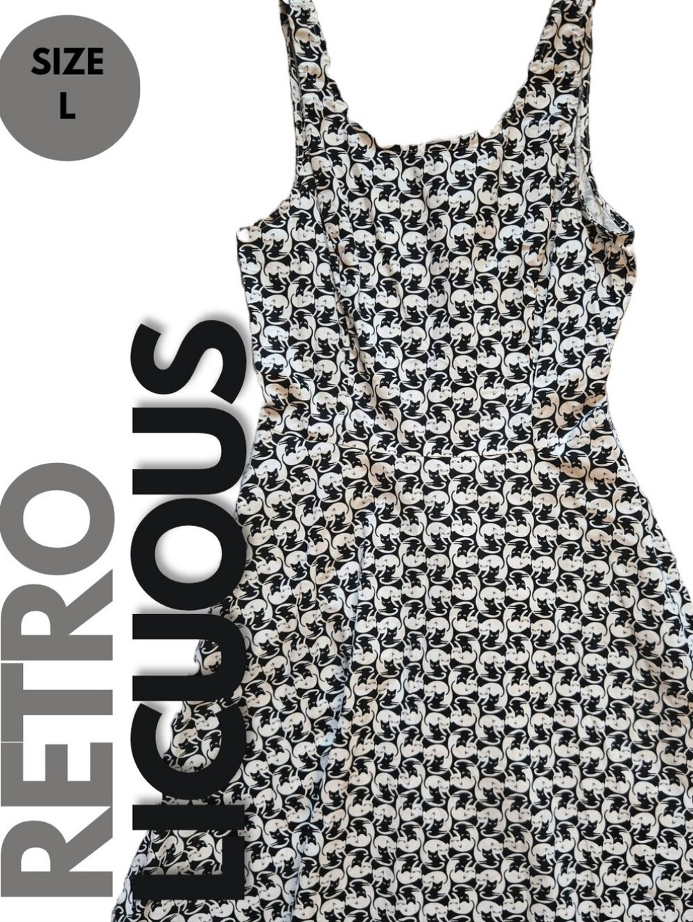 RARE Retrolicous Yin and Yang Cat Print Dress Size L